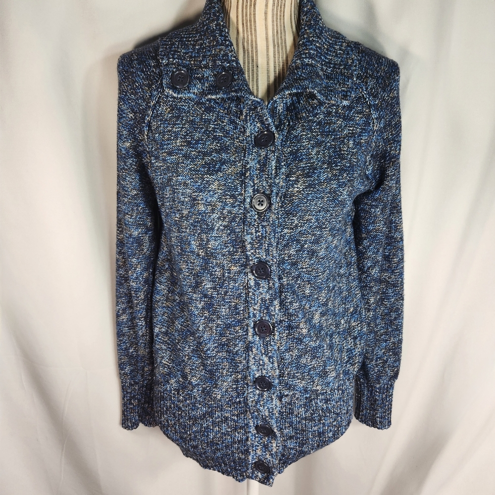 Gloria Vanderbilt Casuals Blue Black Tan Mottled Button Down Cardigan Size Small
